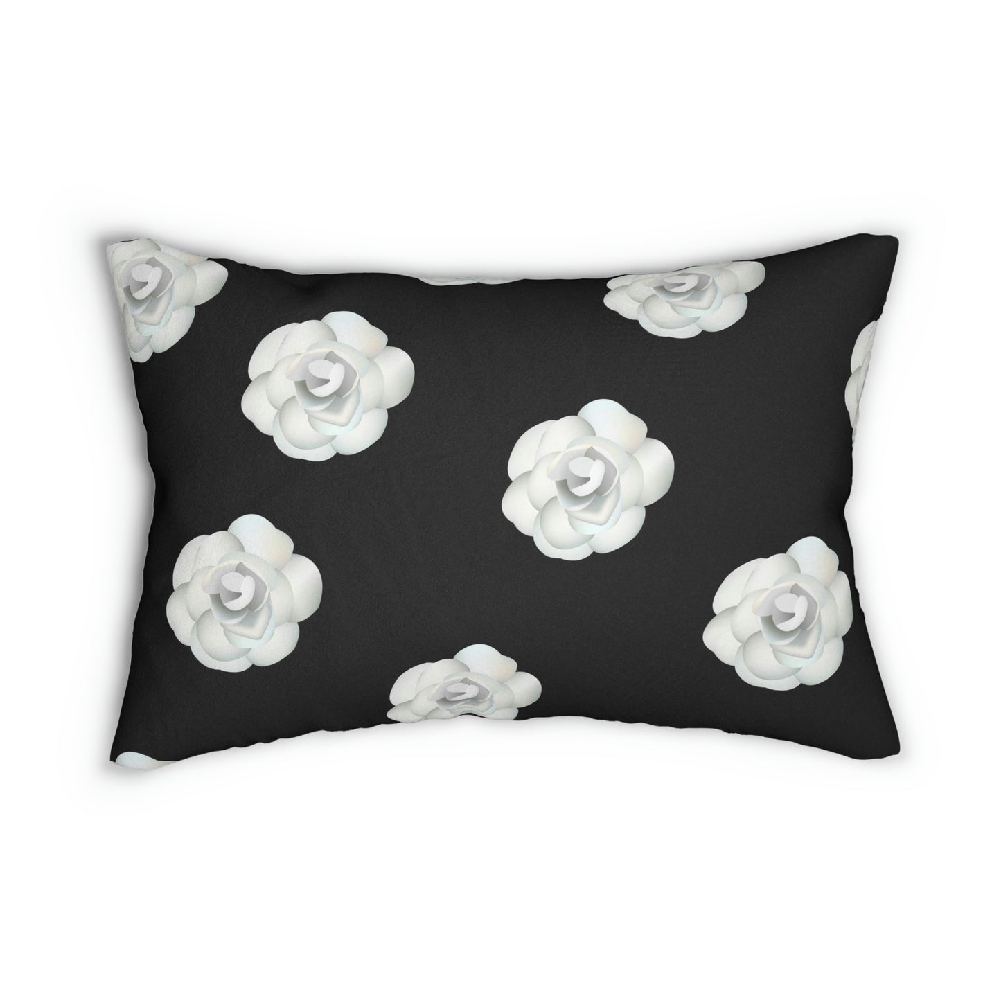 Camillia Flower Lumbar Pillow - Black and White White Rose Decorative Throw Pillow = Black Noir Rose Rectangle Back Pillow