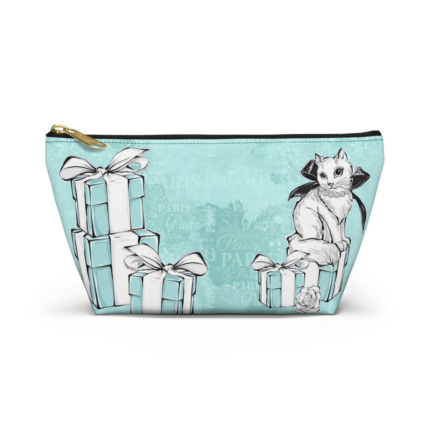 Personalized Kitty Cat Cosmetic Pouch w T-bottom, Accessory Pouch, Cat Lovers Little Blue Gift Box - Paris Blue