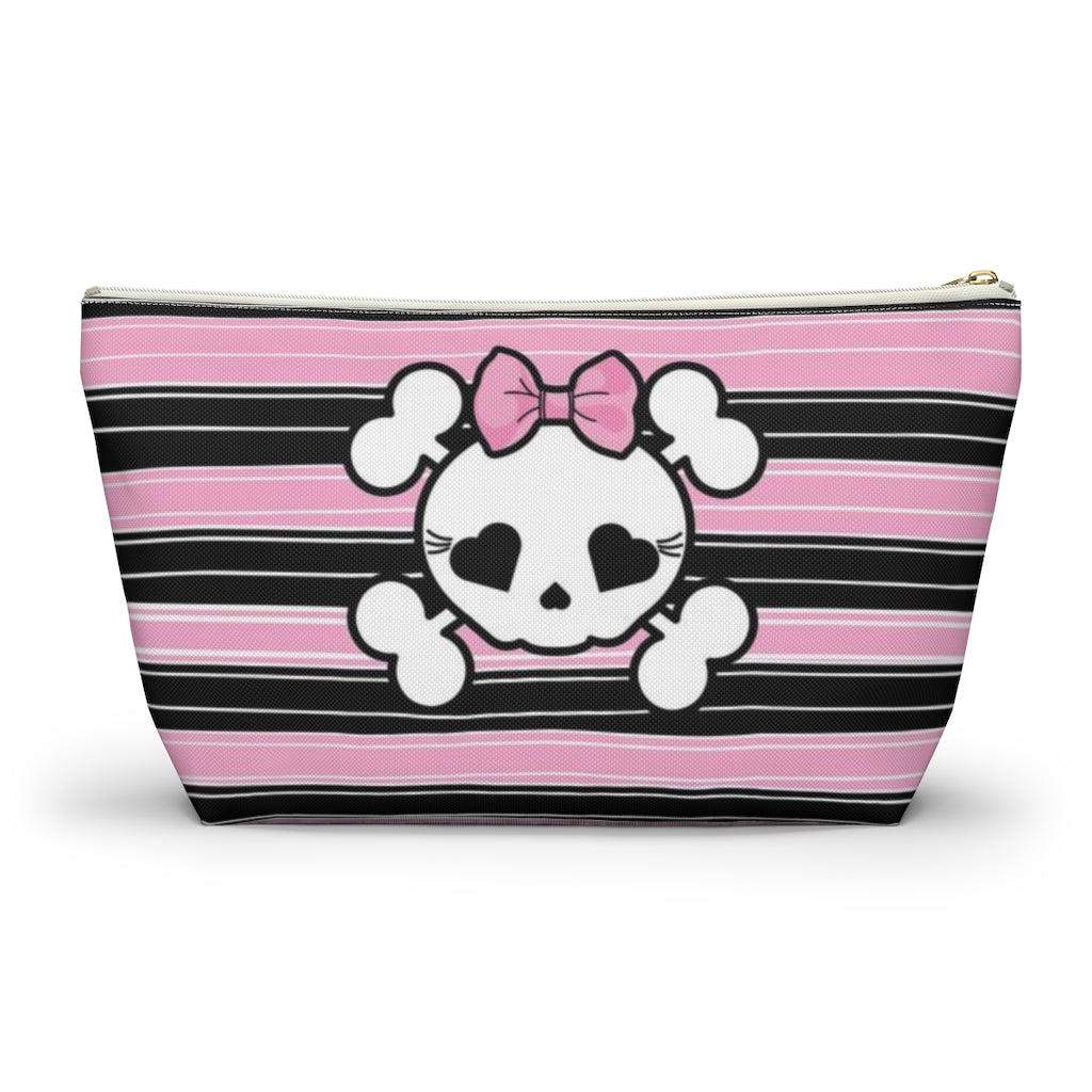 Candy Skull Cosmetic Pouch w T-bottom, Accessory Pouch, Pink Black Stripe