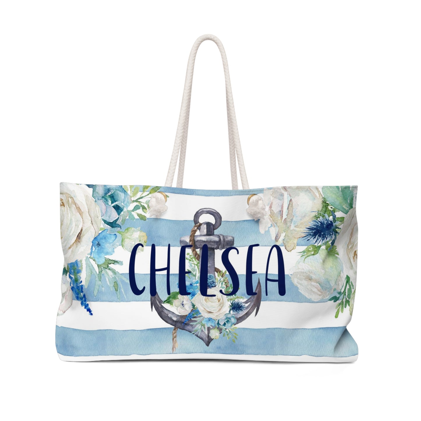 Personalized Anchor Beach Bag - Weekender Bag, Rope Tote - Blue Floral Anchor Stripe Tote Bag