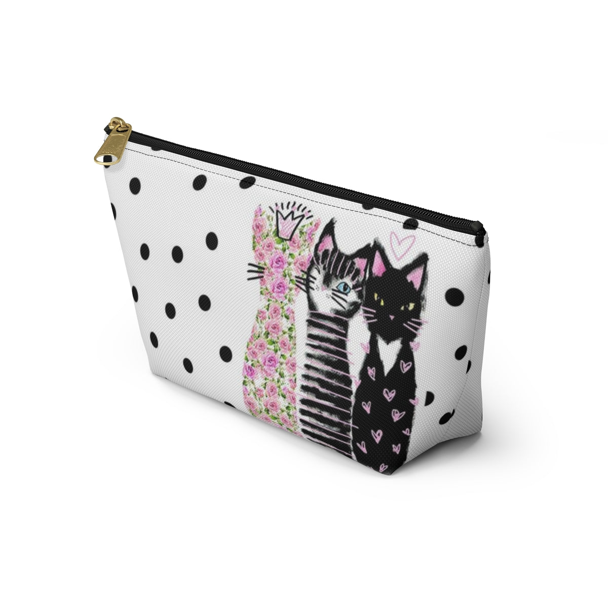 Personalized Kitty Cat Lover Cosmetic Pouch w T-bottom, Accessory Pouch, Cats Polka Dot