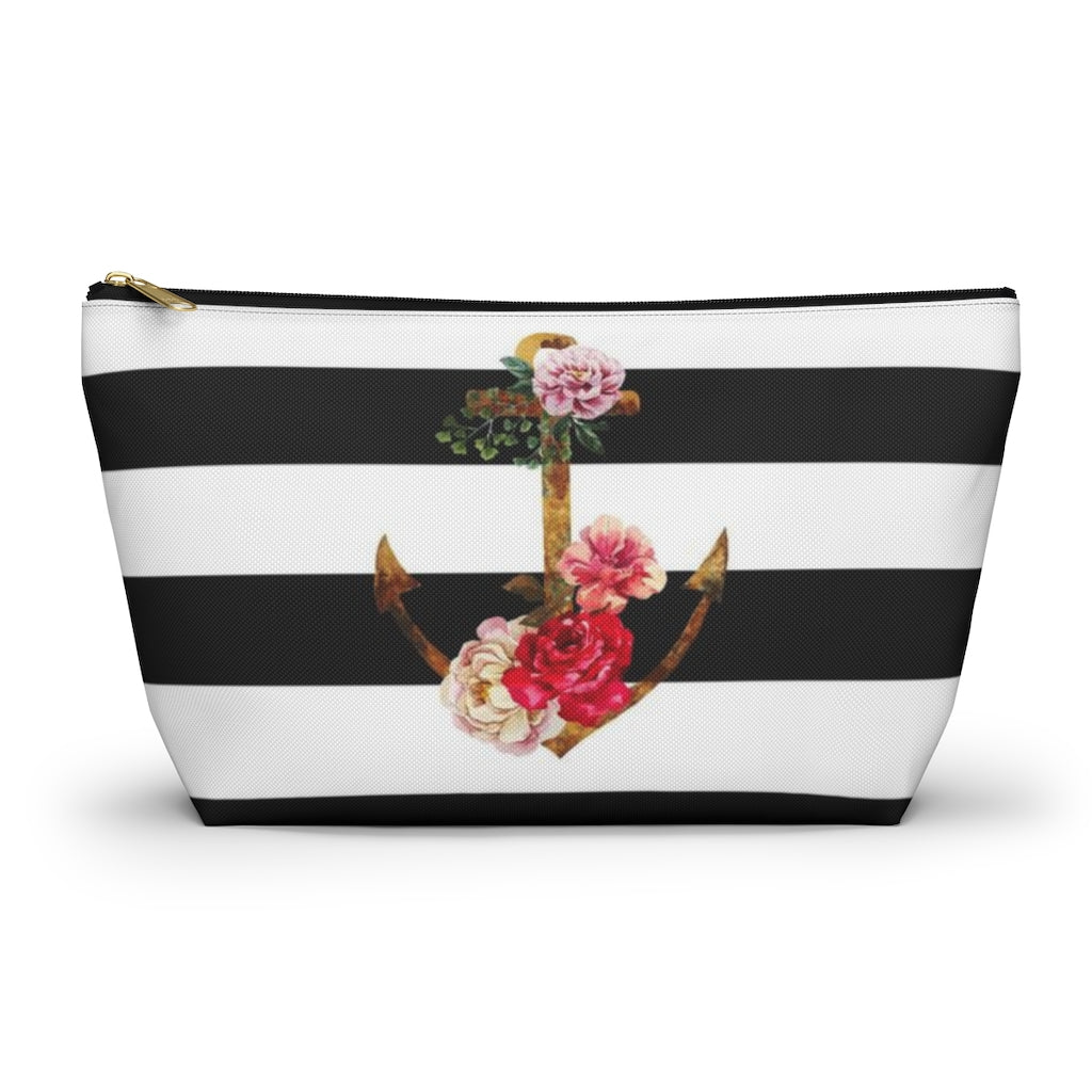 Nautical Cosmetic Pouch w T-bottom, Accessory Pouch, Anchor Flower Stripe