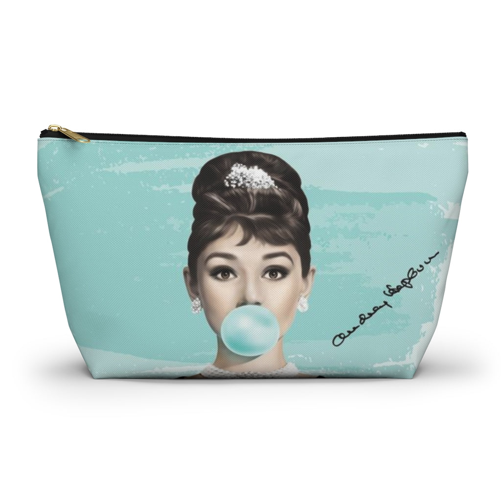 Audrey Hepburn Cosmetic Pouch w T-bottom, Accessory Pouch, Blue Green Signature