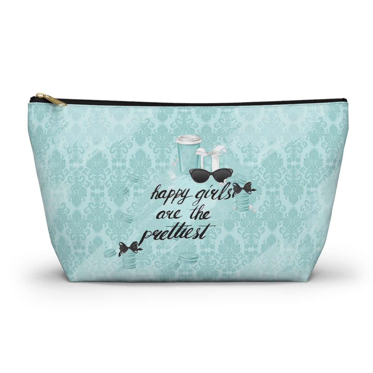 Happy Girls are the Prettiest Cosmetic Pouch w T-bottom, Accessory Pouch, Breakfast at Tiffany