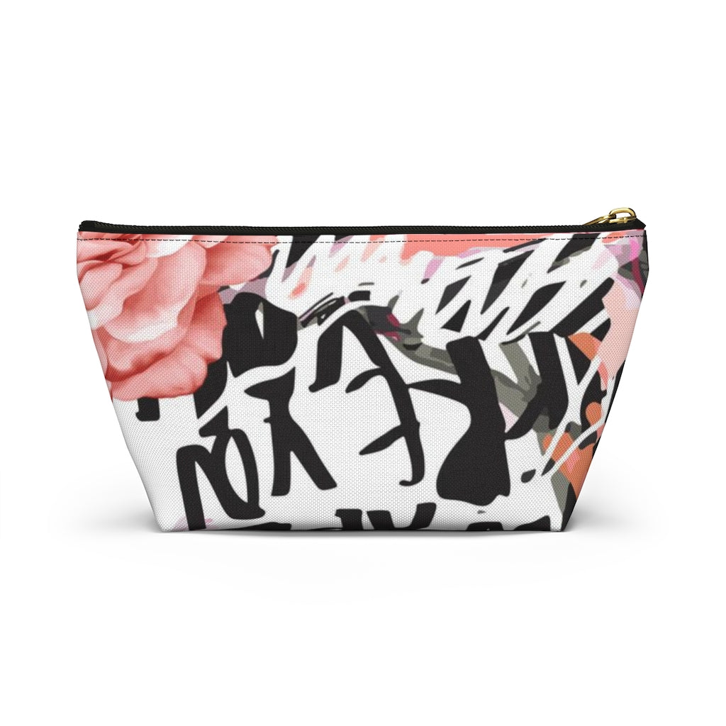 Abstract Rose Cosmetic Pouch w T-bottom, Accessory Pouch, Pink and Orange