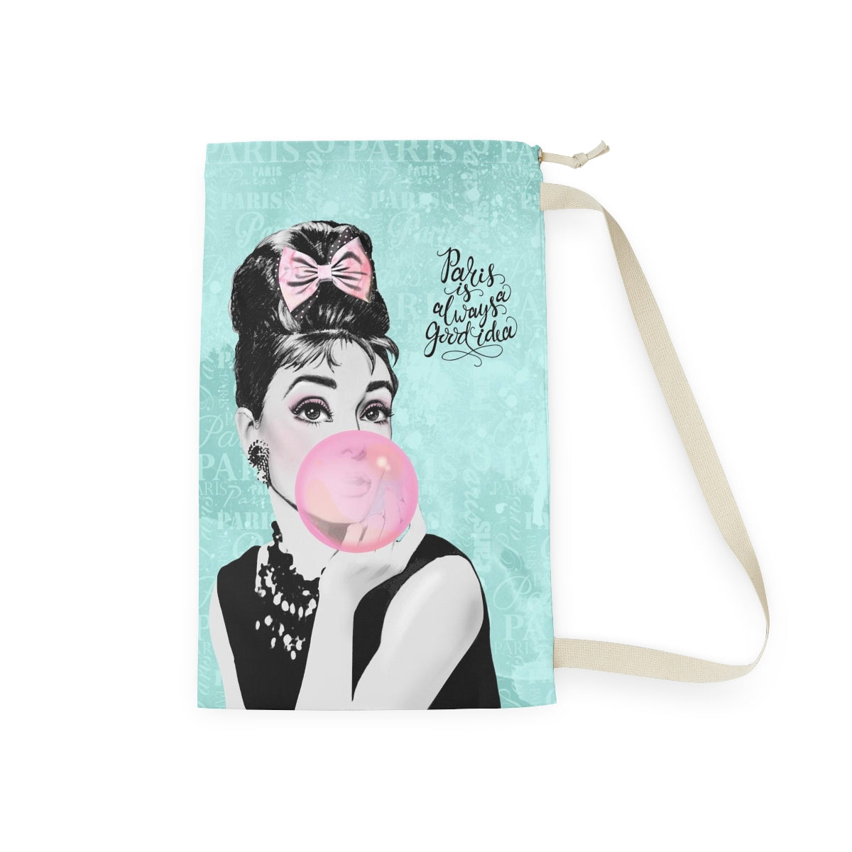 Audrey Hepburn Pink Bubblegum Sack, Laundry Sack, Santa Sack, Dust Bag, Gift Sack - Paris Blue