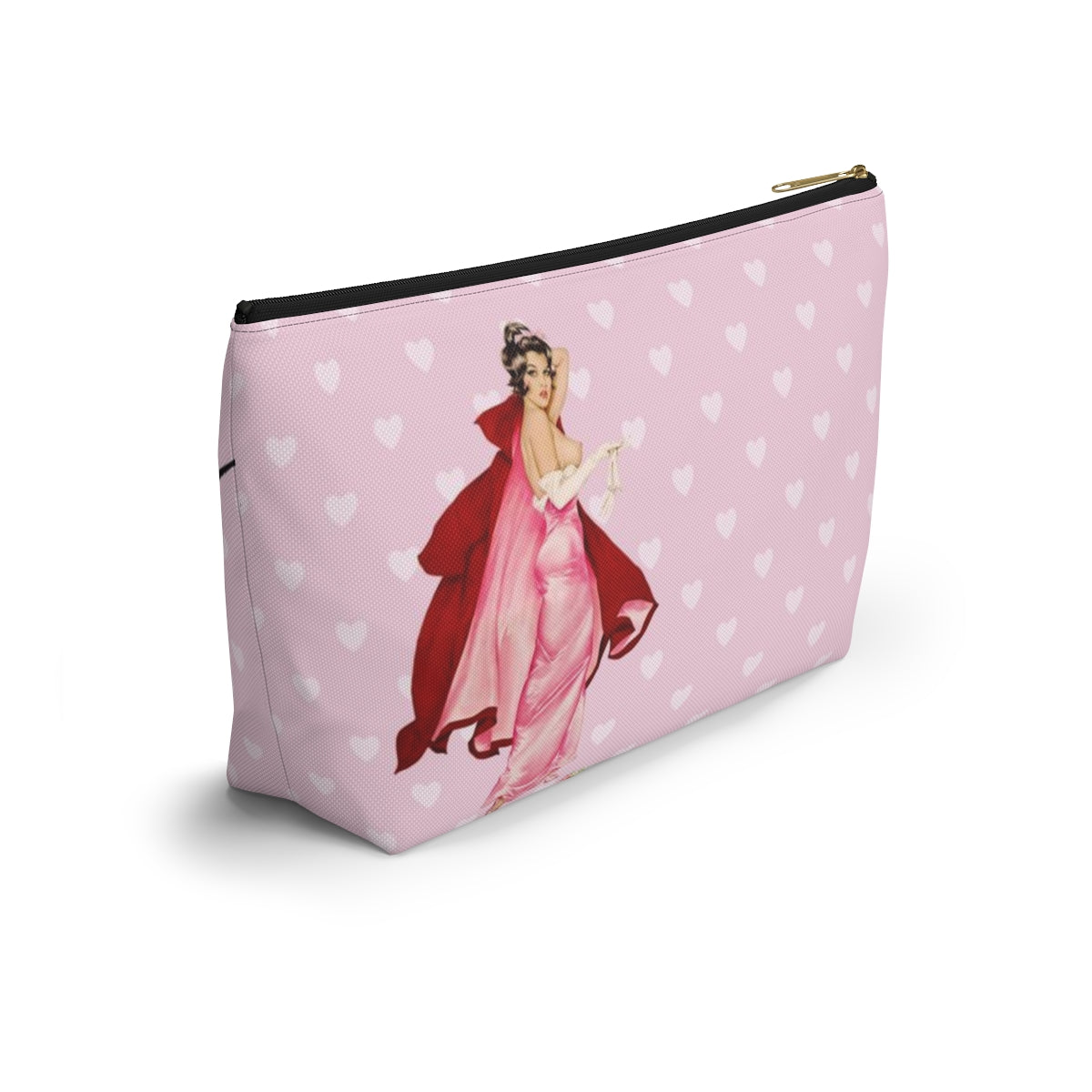 Personalized Pink Pinup Girl Cosmetic Pouch w T-bottom, Accessory Pouch - Red Riding Hood XOXO