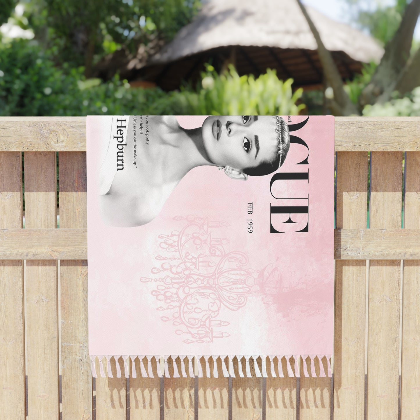 Audrey Hepburn Wrap, Beach Cloth with Fringe - Pink Audrey Hepburn VOGUE Cover Chandelier