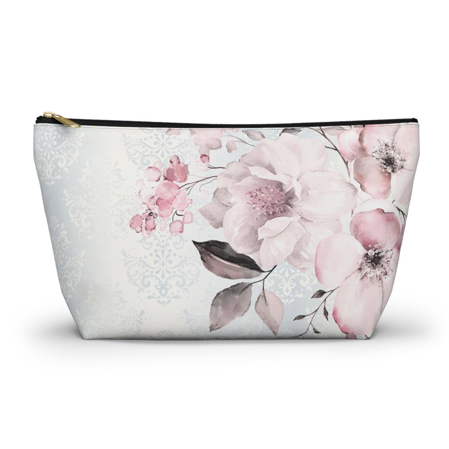 Personalized Pink Flower Damask - Cosmetic Pouch w T-bottom, Accessory Pouch