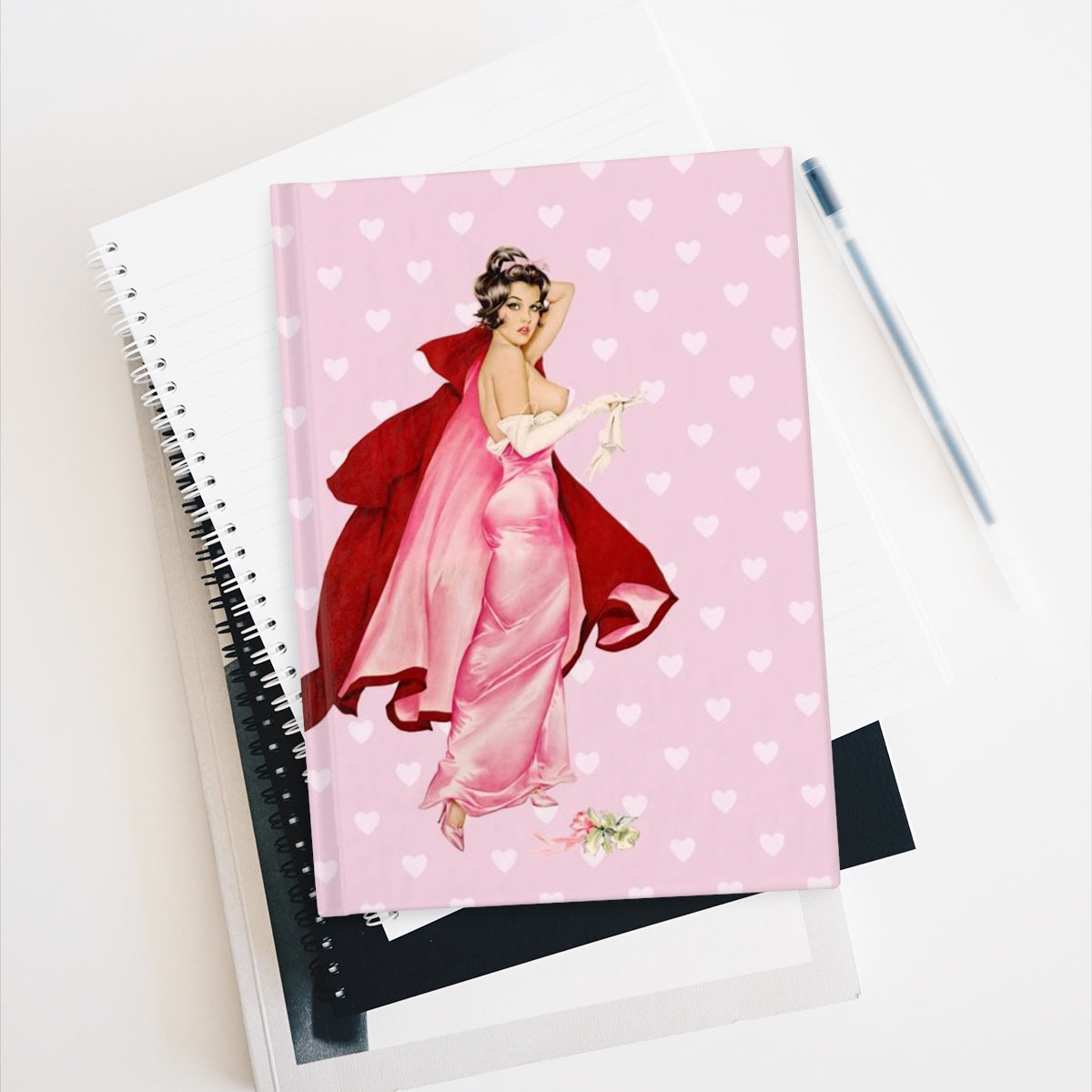 Personalized Pinup Girl Journal - Pink Heart Little Red Riding Hood Pin Ups Girl xoxo