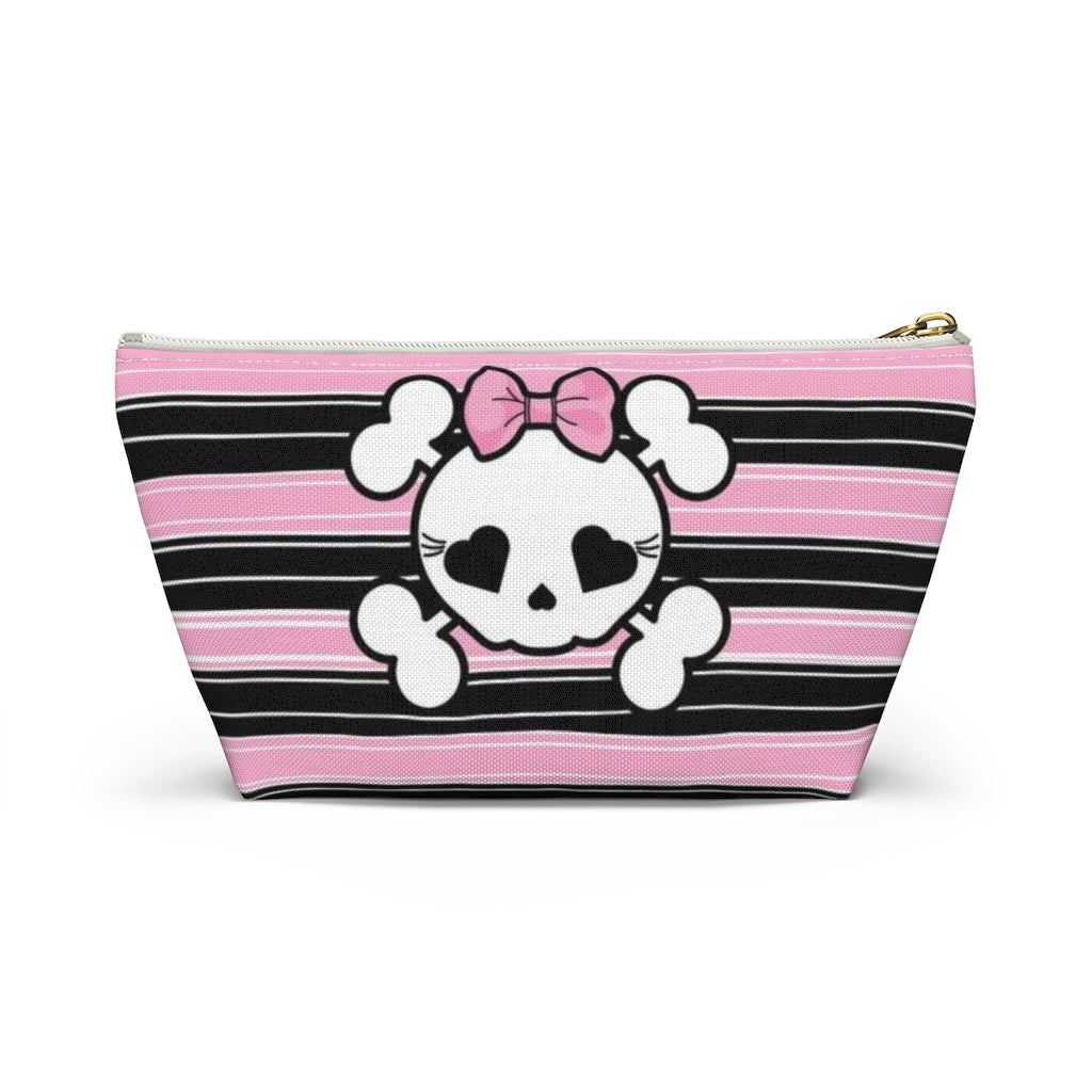 Candy Skull Cosmetic Pouch w T-bottom, Accessory Pouch, Pink Black Stripe