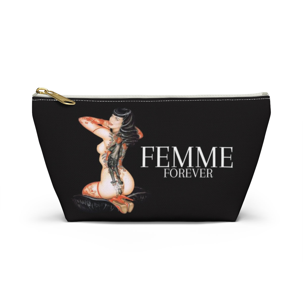 Pinup Girl Cosmetic Pouch w T-bottom, Accessory Pouch - Femme Forever Black Cat Tattoo Pinup Girl