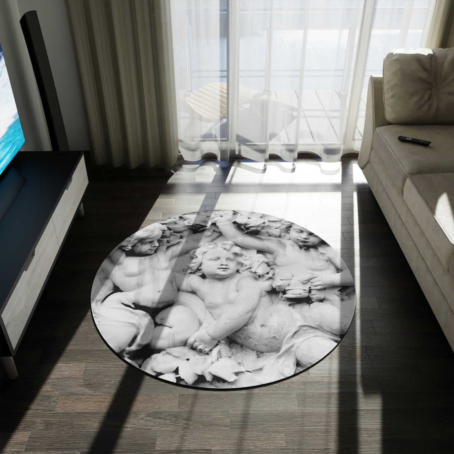 Marble Cherubs Print Chenille Round Rug - 60 Inch Floor Mat - Custom and Personalized Rug - VOGUE Angels