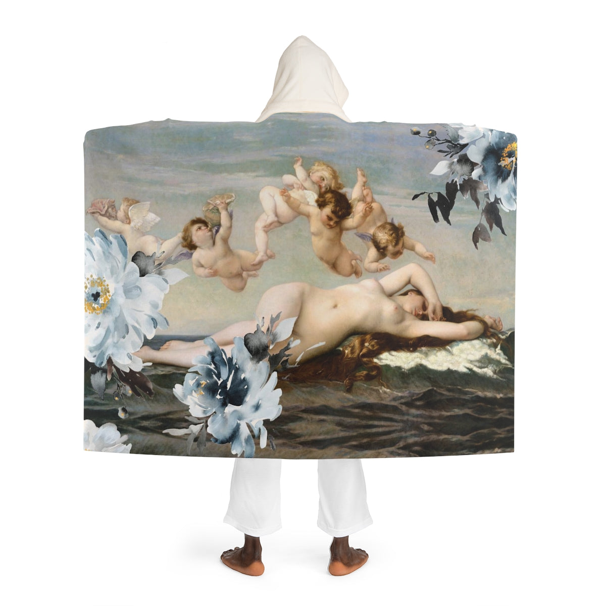 Venus Floral Hooded Sherpa Fleece Blanket, Hooded Shrug - Art Blue Flower