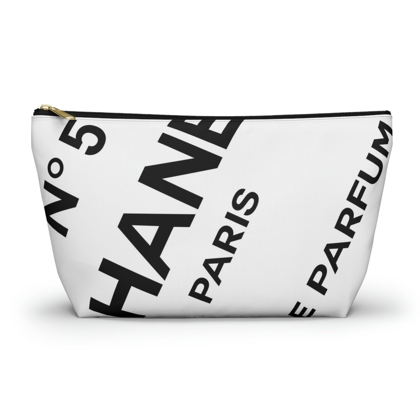 Perfume Label Cosmetic Pouch w T-bottom, Black on White Accessory Pouch - Custom Designer Paris Makeup Bag