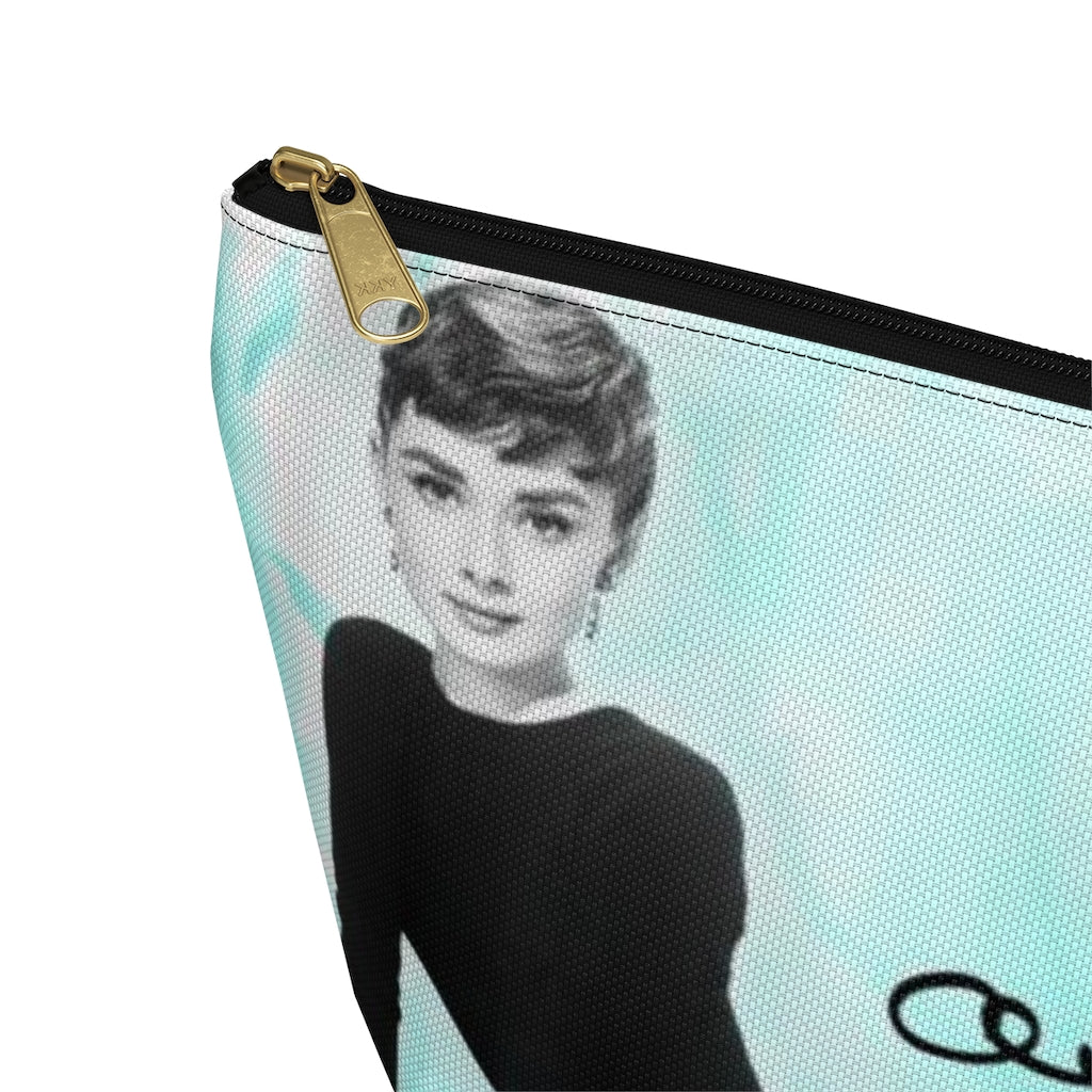 Audrey Hepburn Signature Cosmetic Pouch w T-bottom, Accessory Pouch, Blue Green