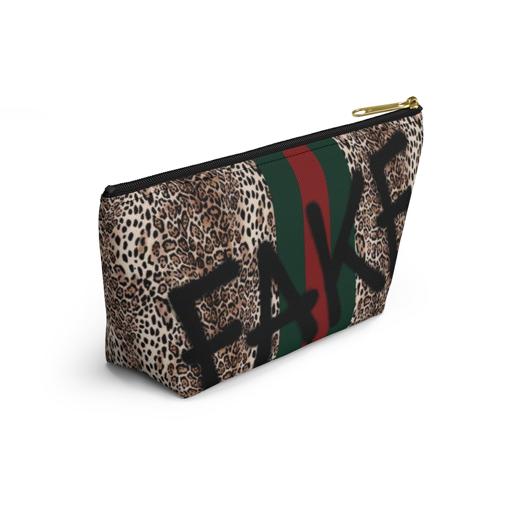 FAKE Fashion Cosmetic Pouch w T-bottom, Accessory Pouch, Leopard Red Green Stripe