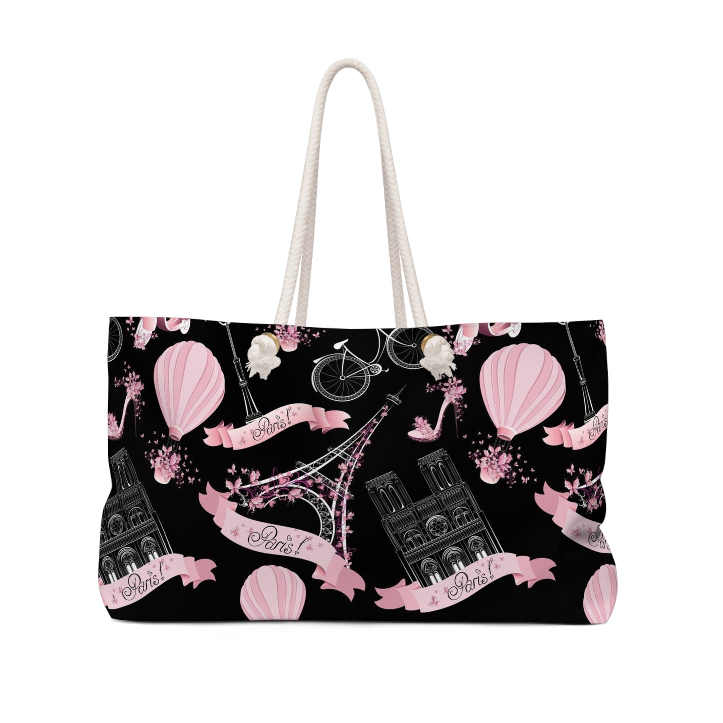 Whimsy in Paris Tote Bag - Weekender Bag, Rope Tote - Pink and Black Eiffel Tower Paris France Bag