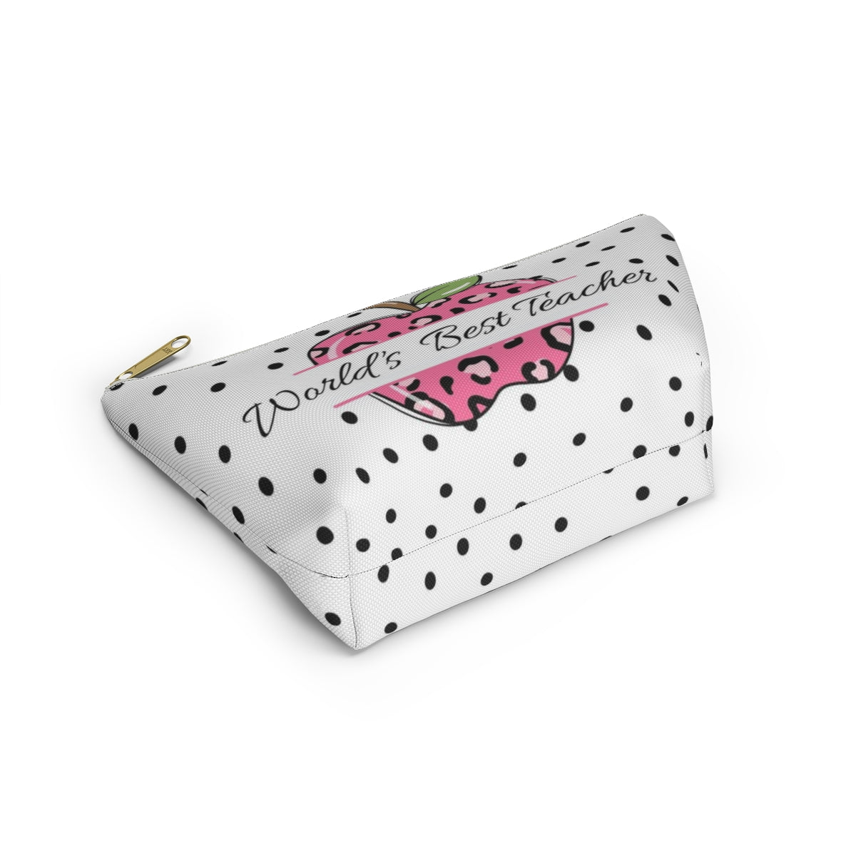 Personalized World's Best Teacher Cosmetic Pouch w T-bottom, Accessory Pouch, Pink Leopard Apple Dot