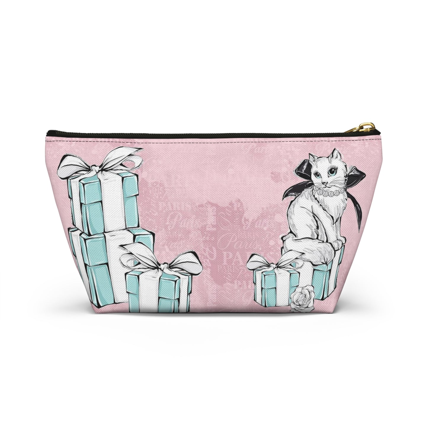 Personalized Kitty Cat Cosmetic Pouch w T-bottom, Accessory Pouch, Cat Lovers Little Blue Gift Box - Paris Pink