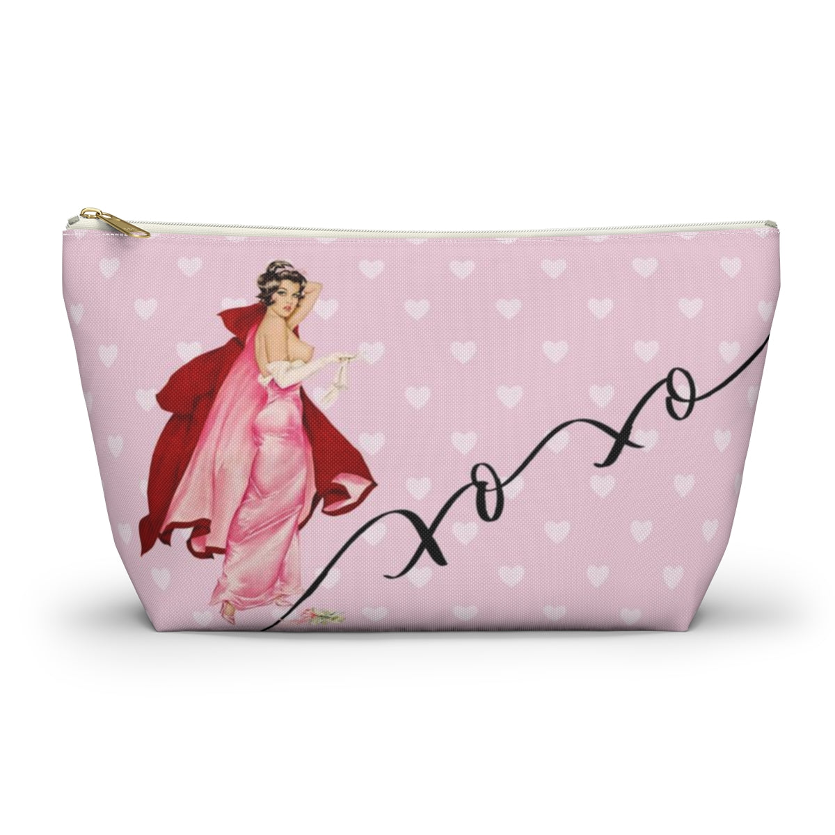 Personalized Pink Pinup Girl Cosmetic Pouch w T-bottom, Accessory Pouch - Red Riding Hood XOXO