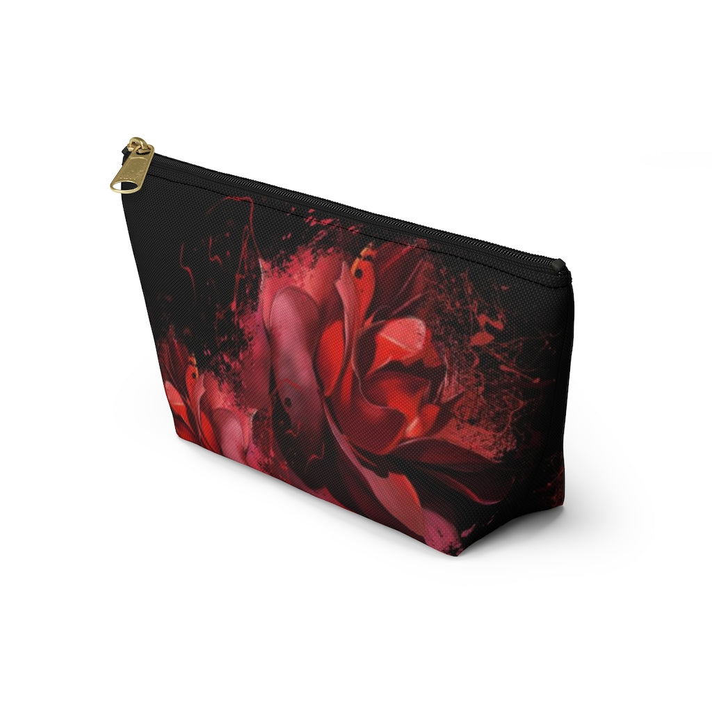 Painted Rose Cosmetic Pouch w T-bottom, Accessory Pouch, Red