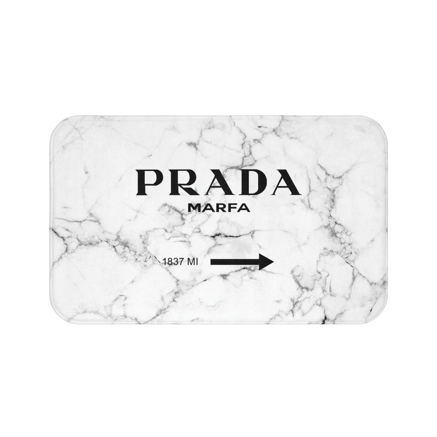 1837 MILES to MARFA White Marble Bath Mat - Fashion Inspired Floor Mat - Marfa Texas Fashion Art Installation Sign