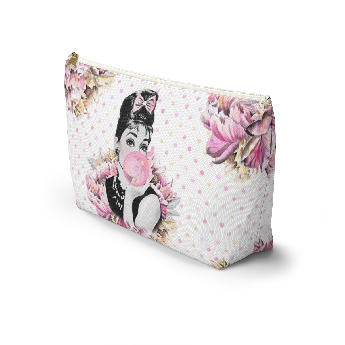 Audrey Hepburn Bubblegum Cosmetic Pouch w T-bottom, Accessory Pouch, Pink Polka Dot