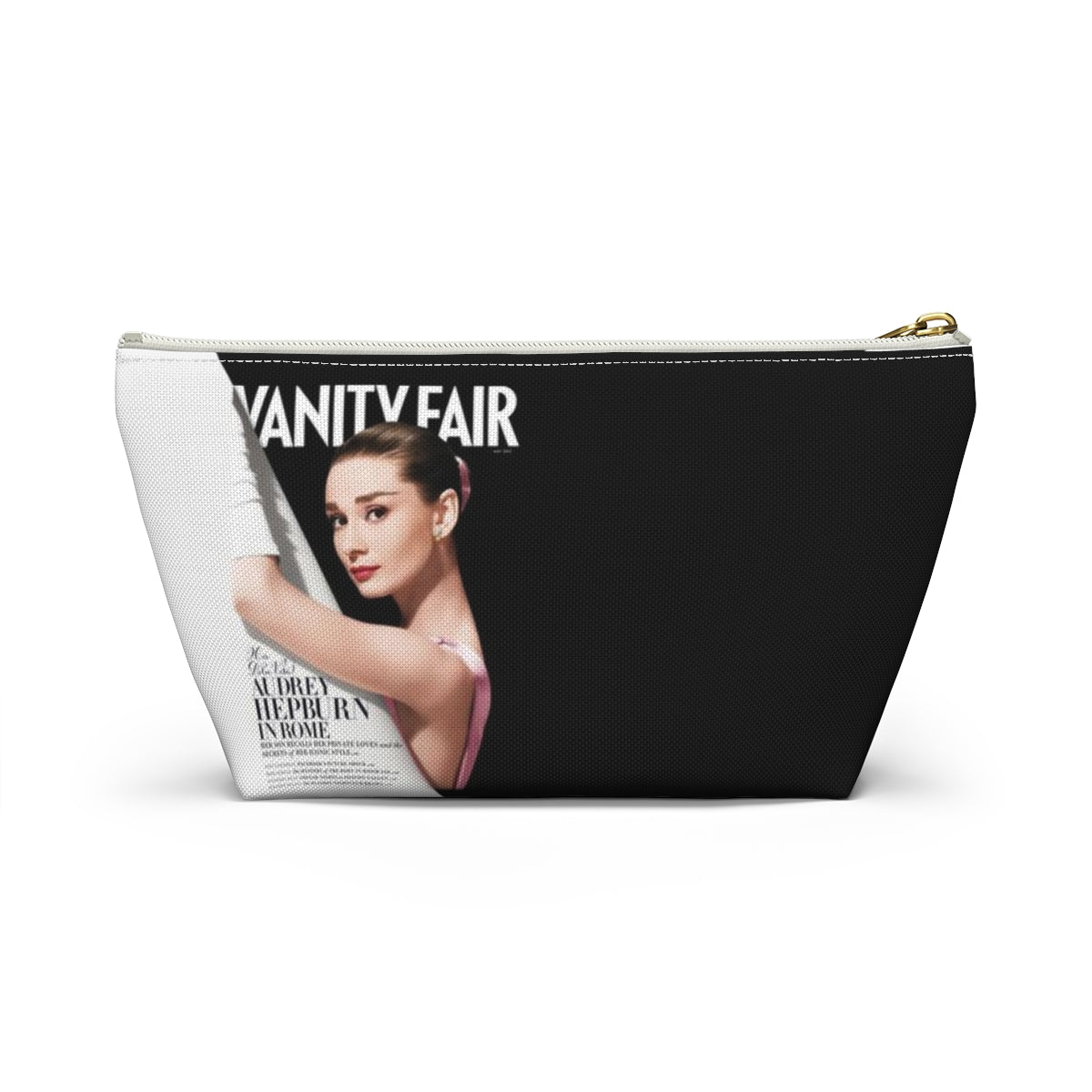 Personalized Audrey Hepburn Cosmetic Pouch w T-bottom, Accessory Pouch - Audrey Hepburn Vanity Fair Color Block Bag