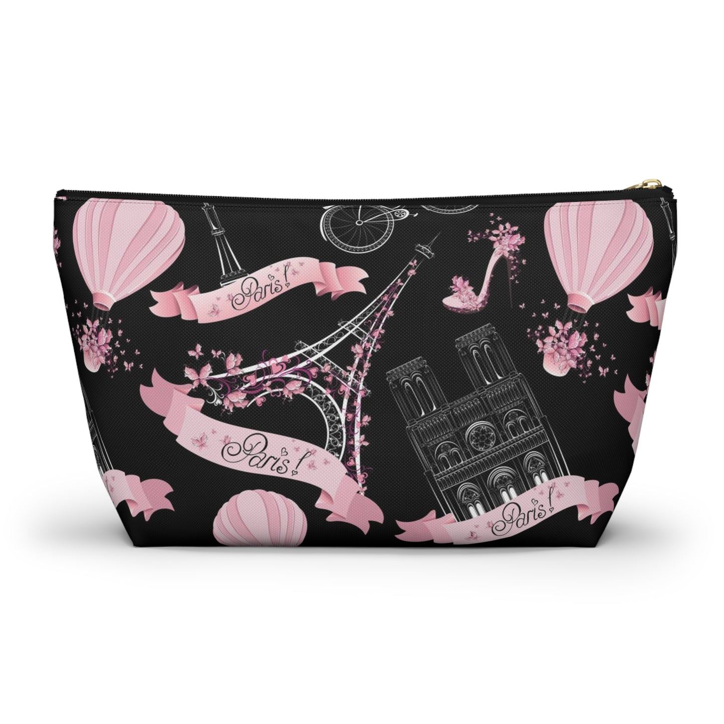 Whimsy in Paris Cosmetic Pouch w T-bottom, Accessory Pouch - Pink and Black Eiffel Tower Paris France Pouch