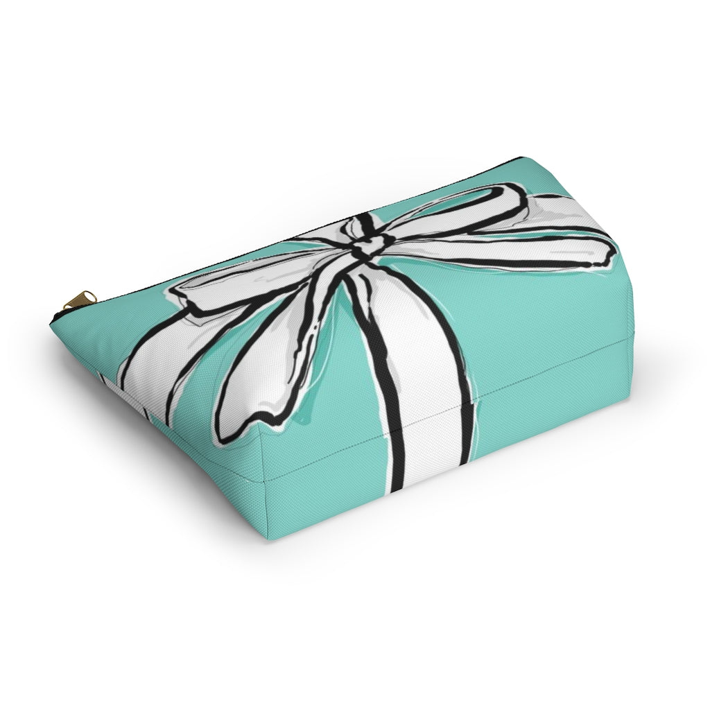 Blue Green Bow Cosmetic Pouch w T-bottom, Accessory Pouch, Breakfast at Tiffany