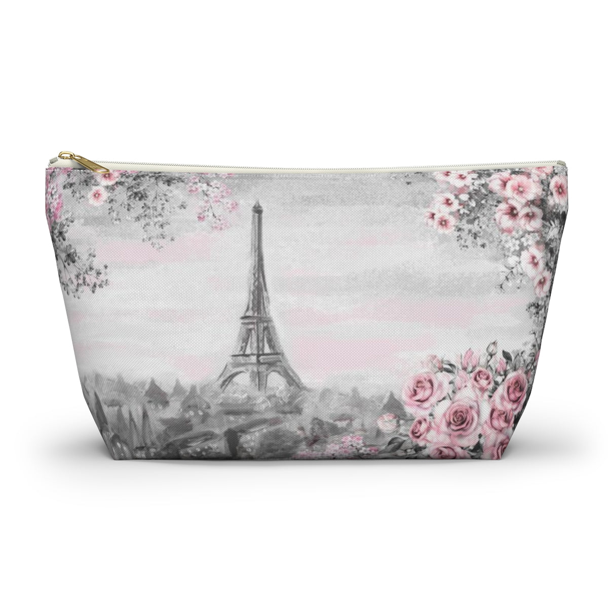 Eiffel Tower Cosmetic Pouch w T-bottom, Accessory Pouch, Pink Paris Rose