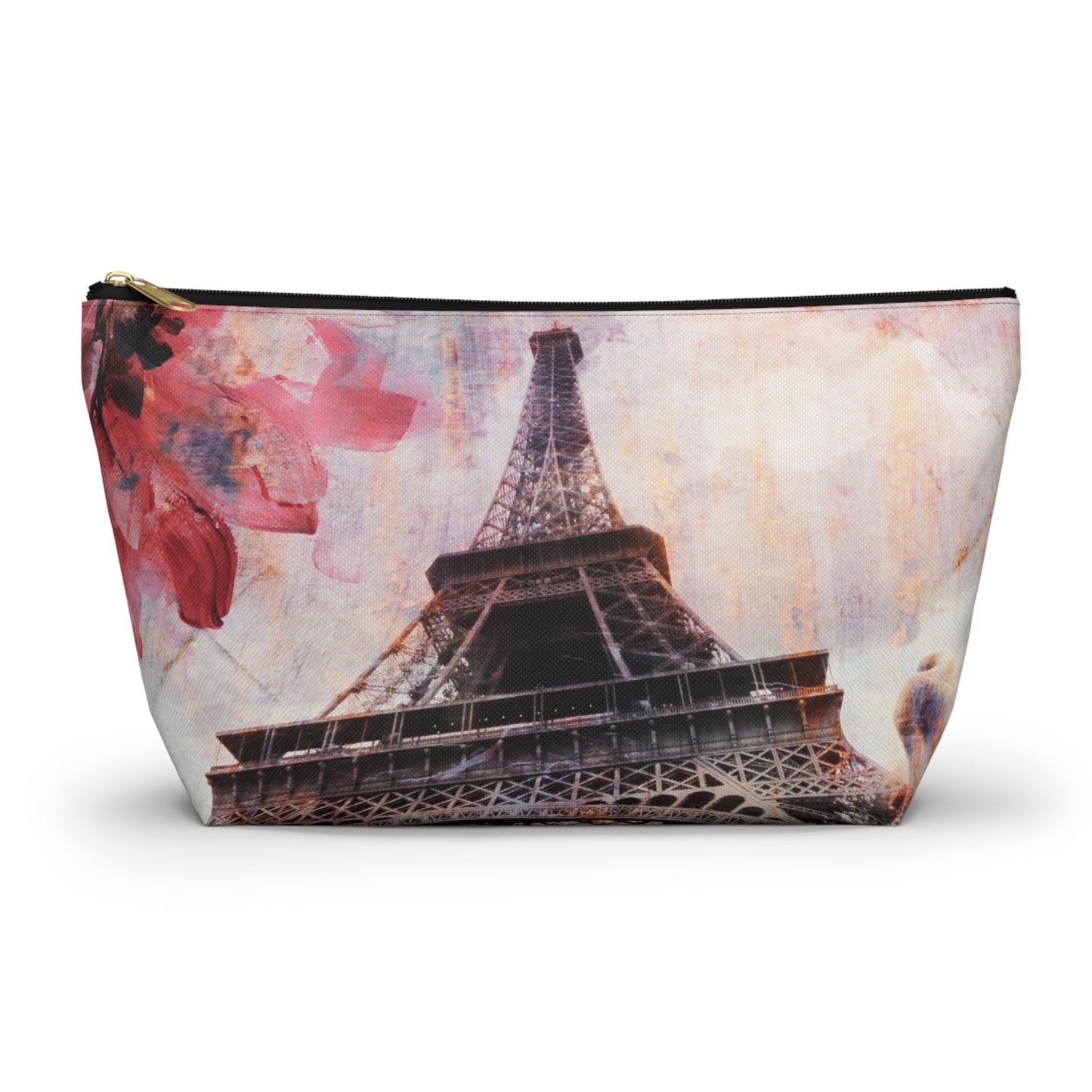 Eiffel Tower Cosmetic Pouch w T-bottom, Accessory Pouch - Paris Abstract Flower