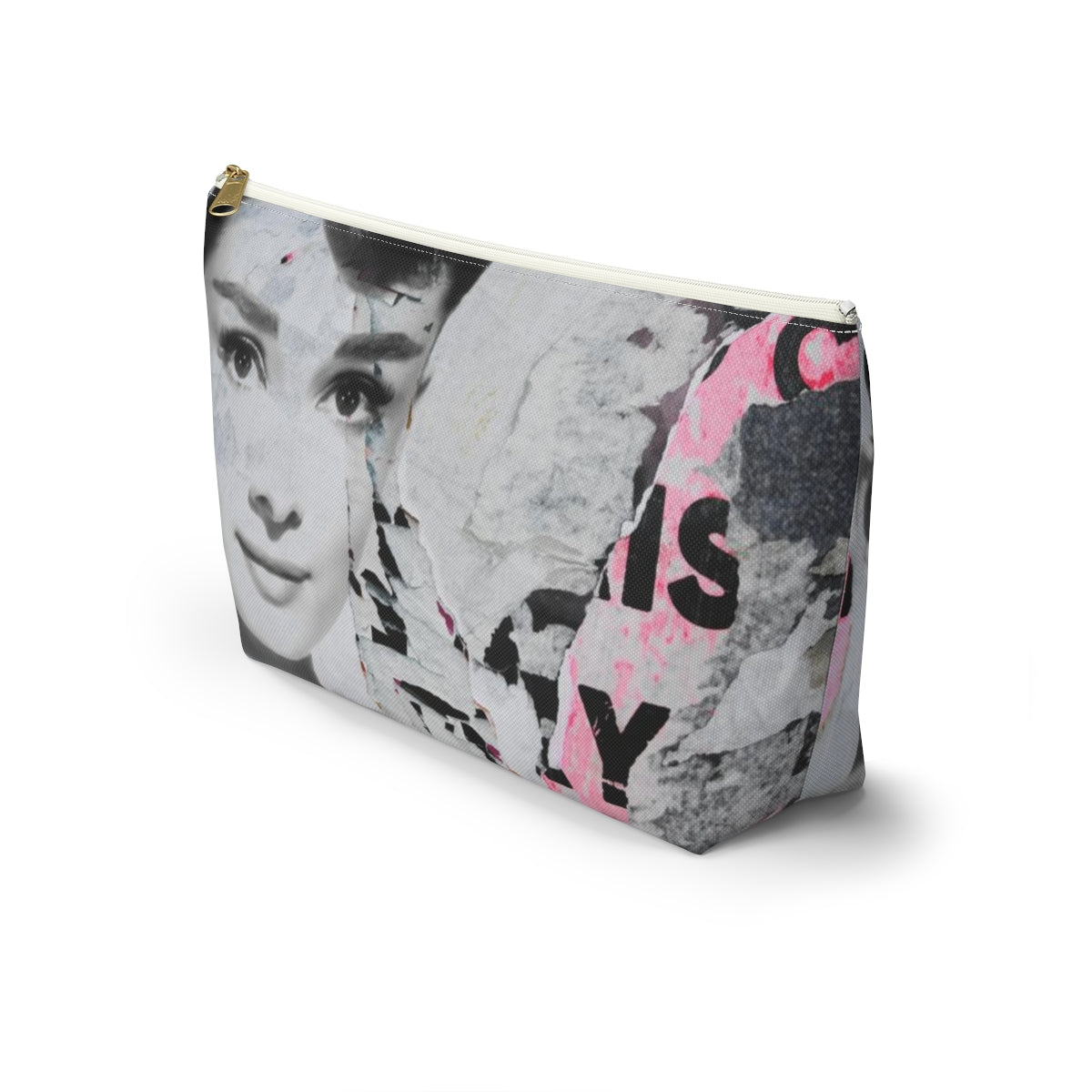 Audrey Hepburn Cosmetic Pouch w T-bottom, Accessory Pouch, Distressed Poster