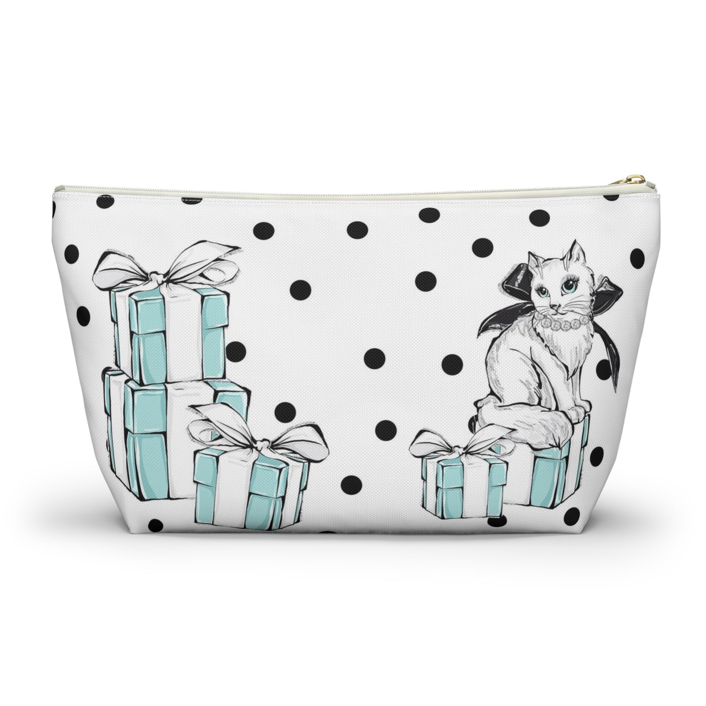 Personalized Kitty Cat Cosmetic Pouch w T-bottom, Accessory Pouch, Cats Polka Dot Breakfast at Tiffany