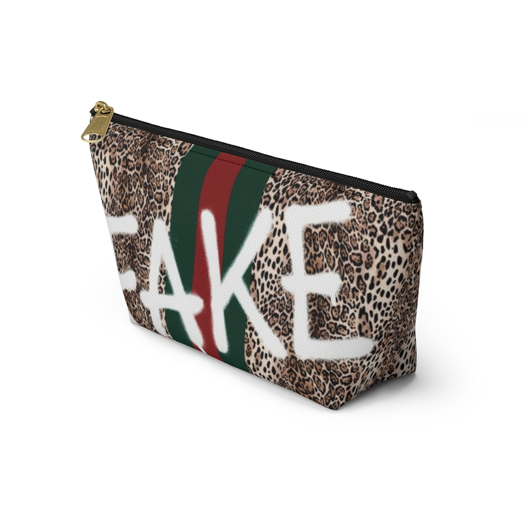 FAKE Fashion Cosmetic Pouch w T-bottom, Accessory Pouch, Leopard Red Green Stripe