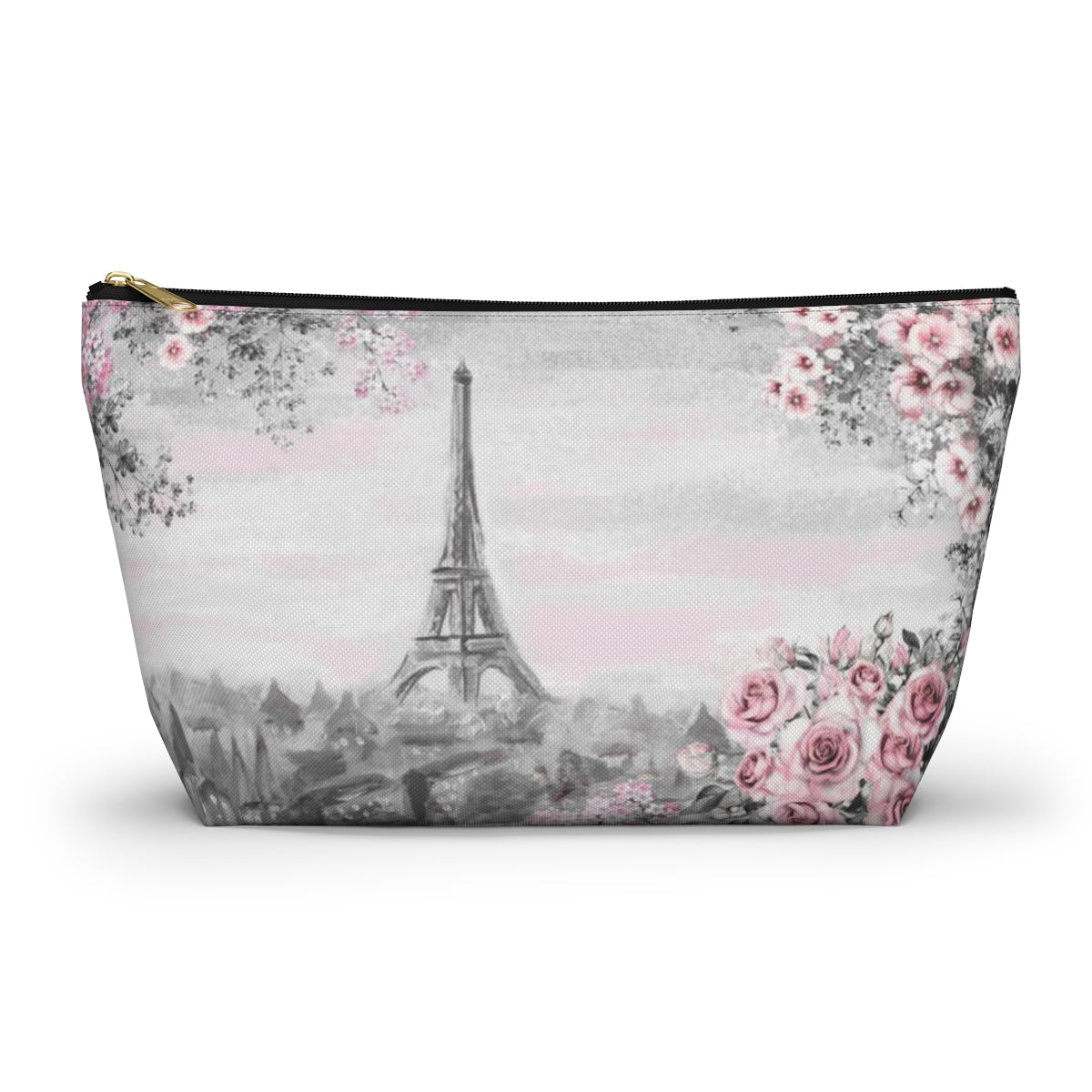 Eiffel Tower Cosmetic Pouch w T-bottom, Accessory Pouch, Pink Paris Rose