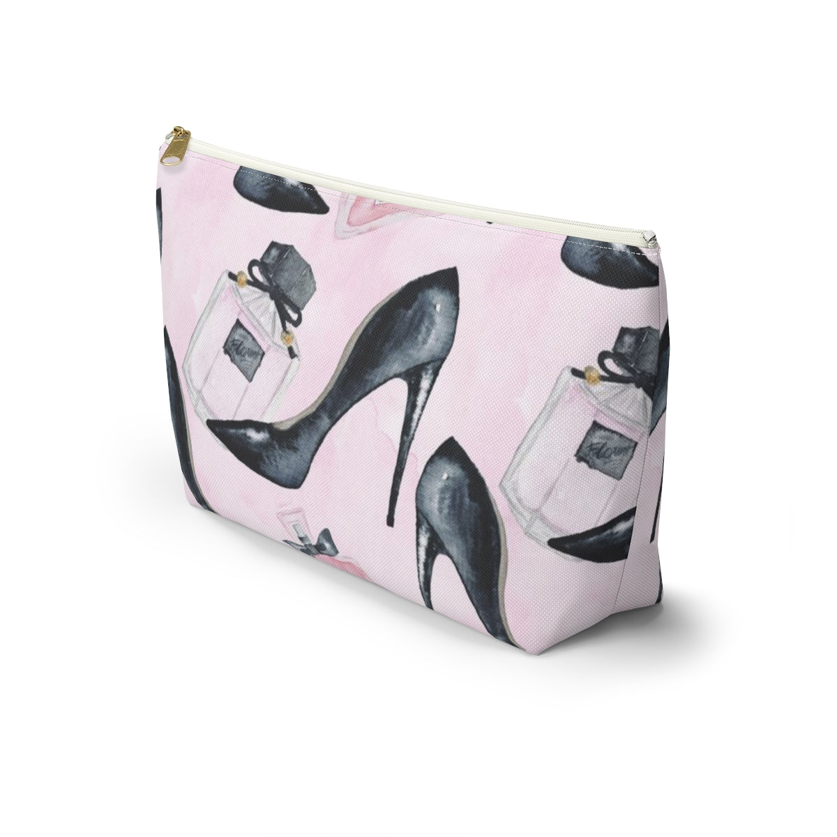 Pink Fashion Pouch w T-bottom, Accessory Pouch - Stilettos and Perfume