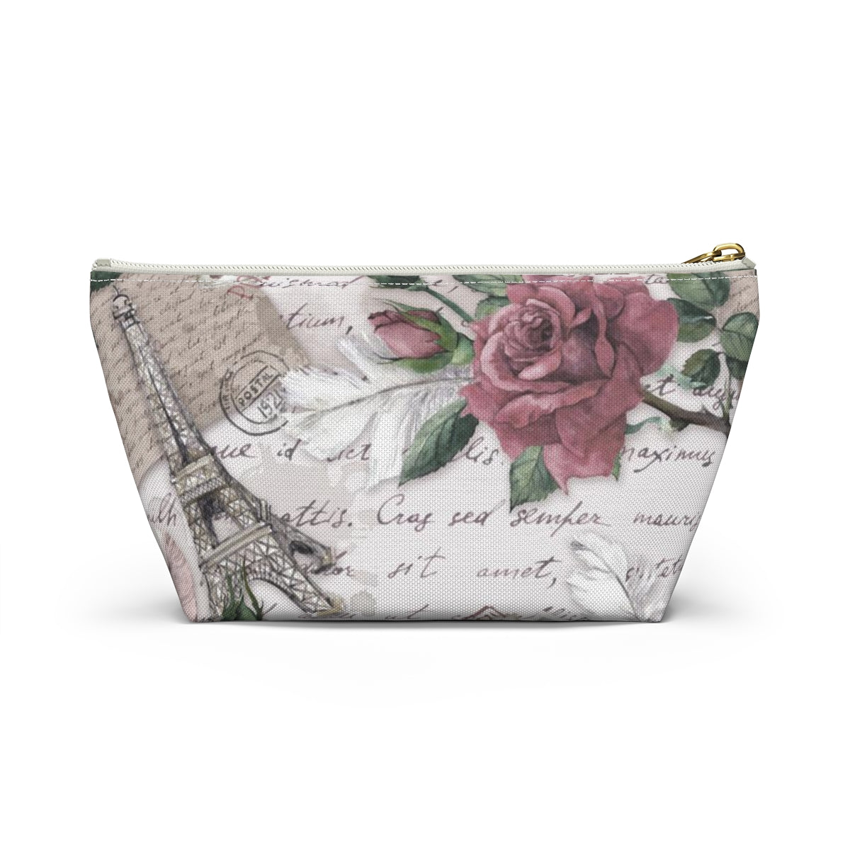 Eiffel Tower Cosmetic Pouch w T-bottom, Accessory Pouch - Pink Rose Love Letters from Paris