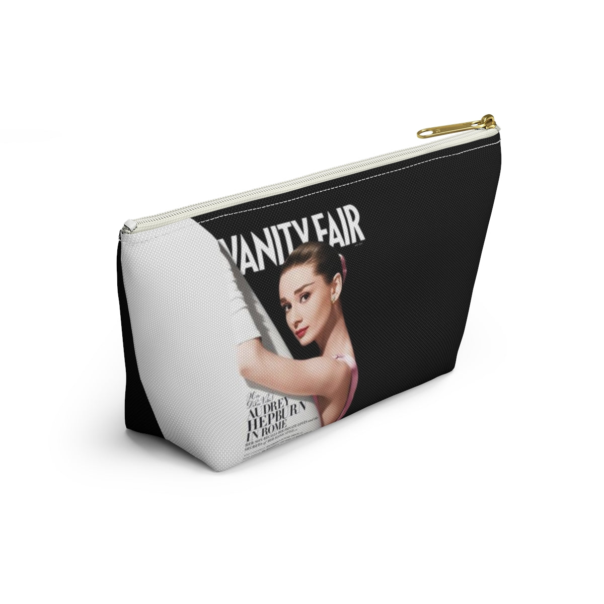 Personalized Audrey Hepburn Cosmetic Pouch w T-bottom, Accessory Pouch - Audrey Hepburn Vanity Fair Color Block Bag