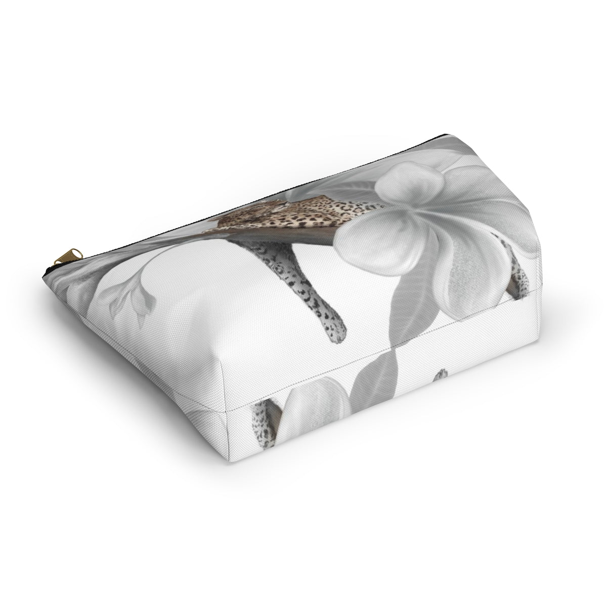 Leopard Cosmetic Pouch w T-bottom, Accessory Pouch - Leopard White Plumeria