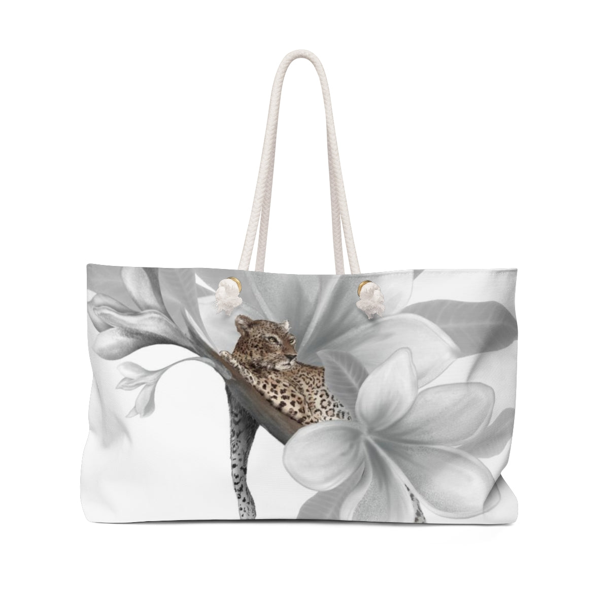 Personalized Leopard Tote Weekender Bag - Leopard White Plumeria