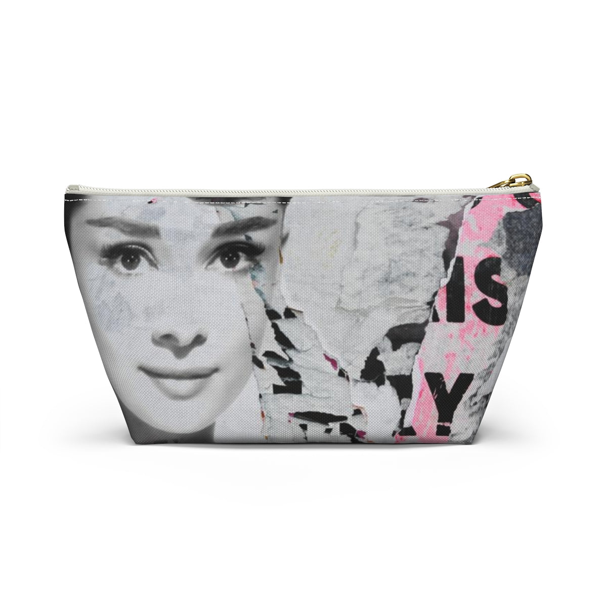 Audrey Hepburn Cosmetic Pouch w T-bottom, Accessory Pouch, Distressed Poster