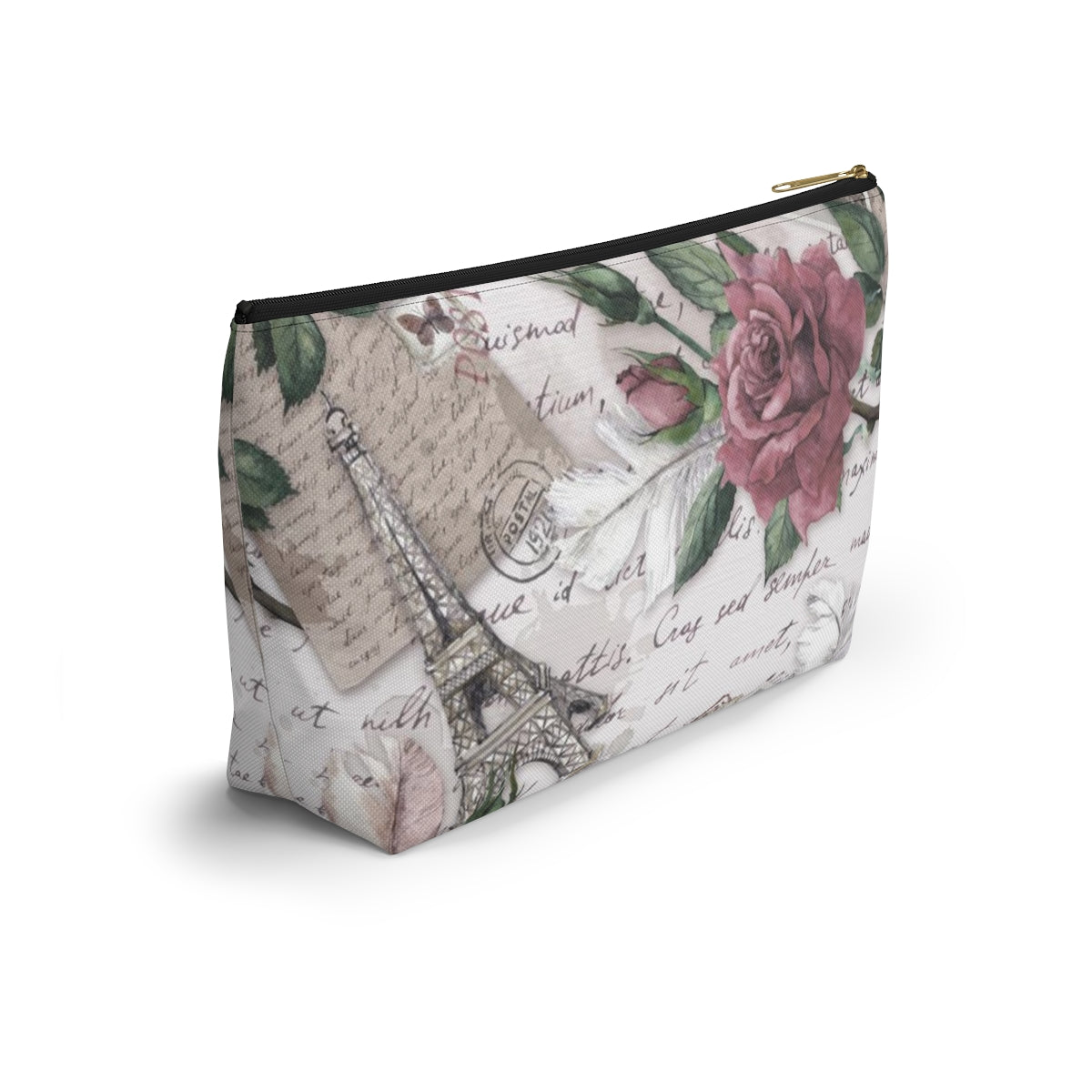 Eiffel Tower Cosmetic Pouch w T-bottom, Accessory Pouch - Pink Rose Love Letters from Paris