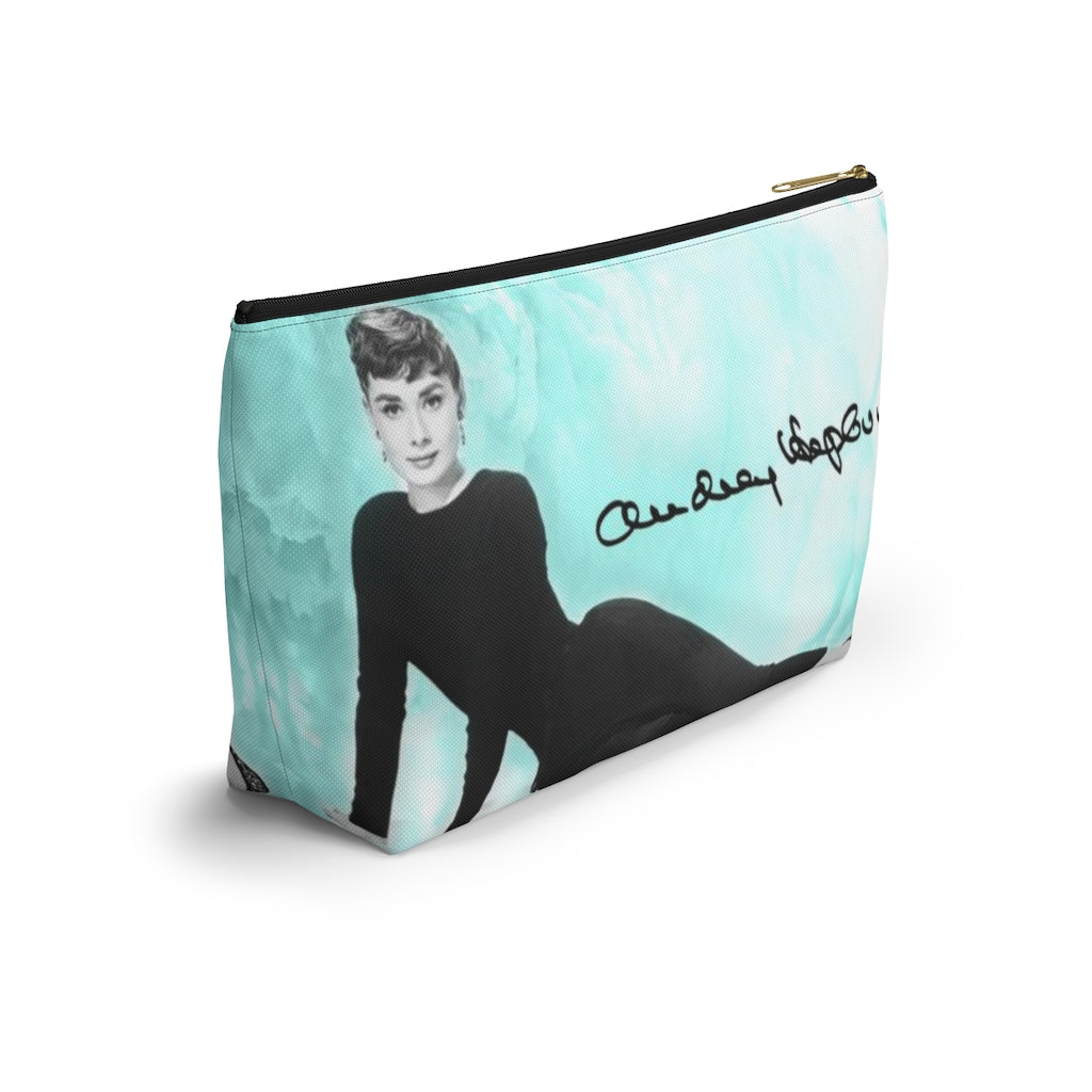 Audrey Hepburn Signature Cosmetic Pouch w T-bottom, Accessory Pouch, Blue Green