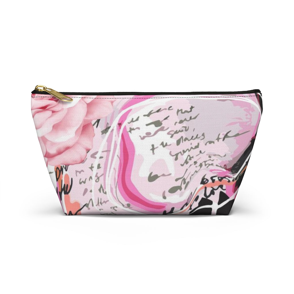 Abstract Rose Cosmetic Pouch w T-bottom, Accessory Pouch, Pink and Orange