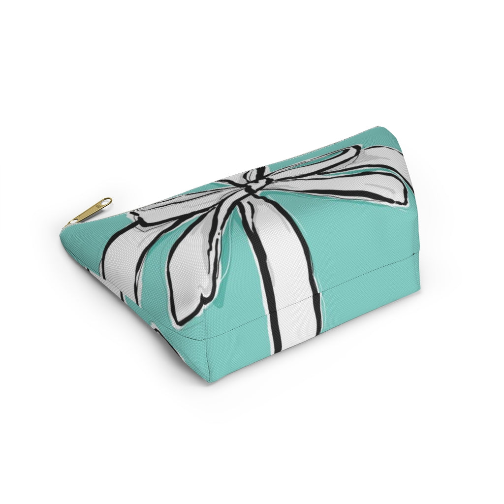 Blue Green Bow Cosmetic Pouch w T-bottom, Accessory Pouch, Breakfast at Tiffany