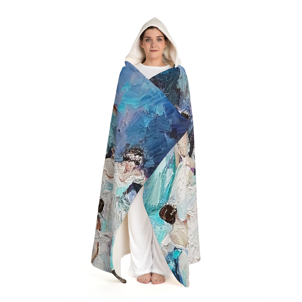 Ballet Hooded Sherpa Fleece Blanket, Hooded Shrug - Blue Ballerinas Oil Painting