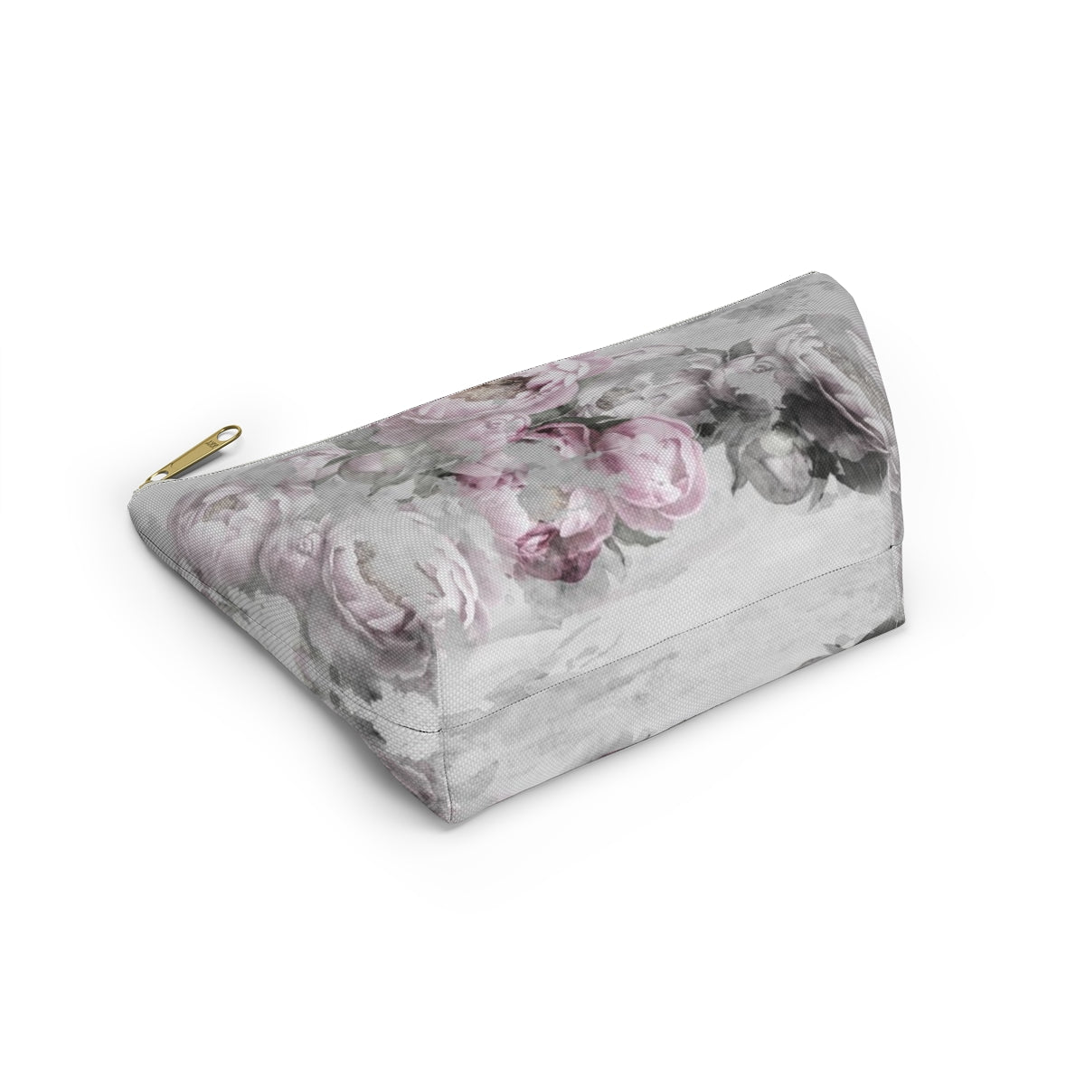 Peony Cosmetic Pouch w T-bottom, Accessory Pouch, Antiqued Pink and Grey