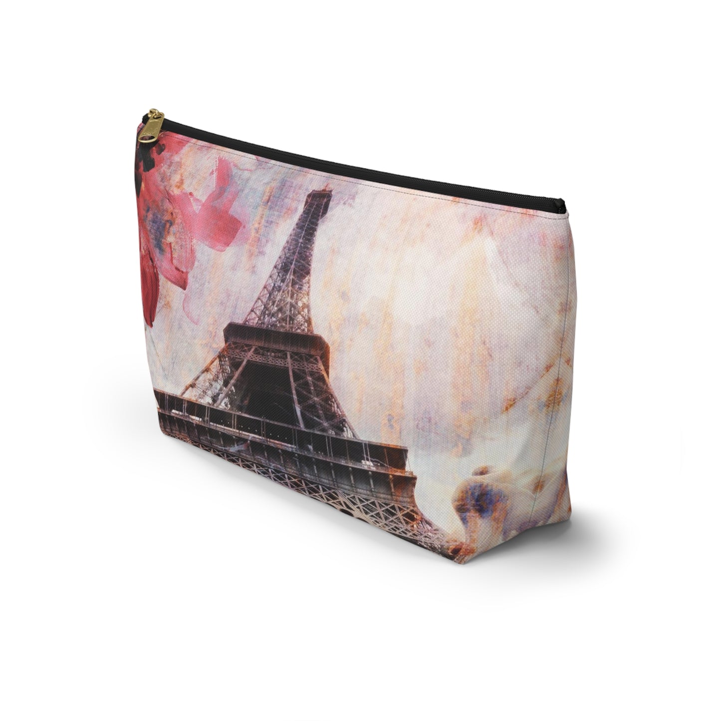 Eiffel Tower Cosmetic Pouch w T-bottom, Accessory Pouch - Paris Abstract Flower